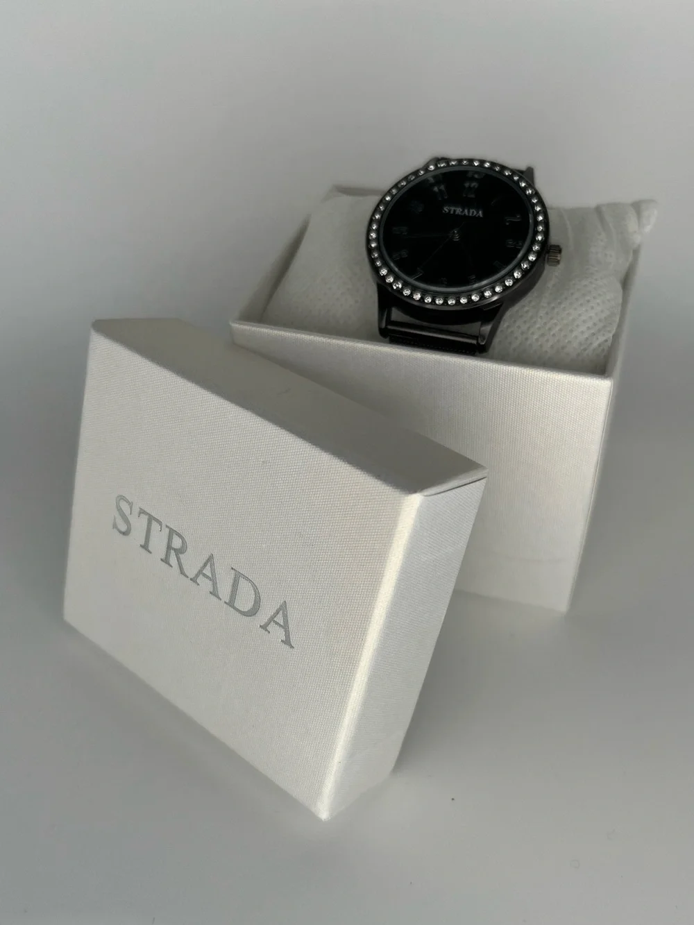 Strada Black Mesh Strap Watch with Crystal-Studded Bezel
